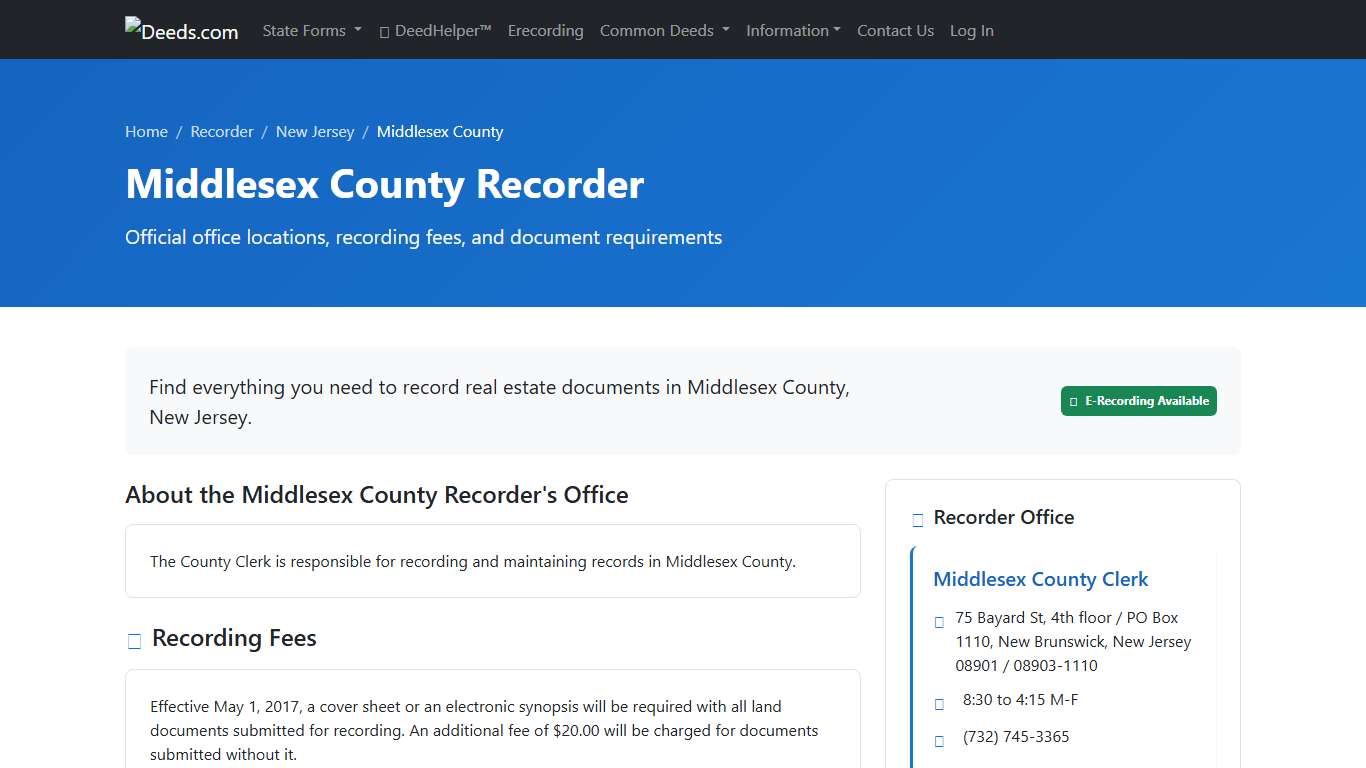 Middlesex County Recorder Information, New Jersey - Deeds.com